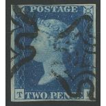 1840 2d blue, T-B, used with black maltese crosses, 4 margins, fine.