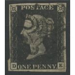 1840 1d black, D-E, used with black maltese cross, 4 margins, fine.