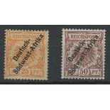 German South West Africa: 1897-1900 25pf orange-yellow & 50p chocolate overprint type I,