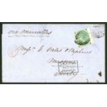 1864 1/- green, plate 1, on wrapper from London to Messina, Italy. Cat £450 on cover.