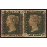 1840 1d black, DF/DG pair used with red maltese cross, 4 margins, fine,