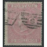 1867-83 5/- pale rose, plate 2, D-F, used, fine.