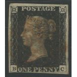 1840 1d black, B-C, F/U with red maltese cross, 4 margins, fine.