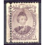 1868 1c dull purple with major perf shift unused.