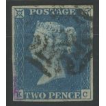 1840 2d blue, K-C, used with black maltese cross, 4 margins, mauve mark at bottom left,