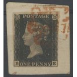 1840 1d black, B-E, F/U on piece with red maltese cross, 4 margins.