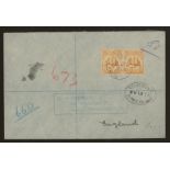 1912 8d rated Registered env to UK franked with 1900-04 4d pair, Turks Island cancels,