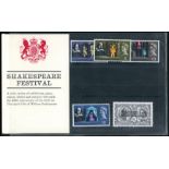 1964 Shakespeare pack with U/M set, each stamp handstamped "CANCELLED".