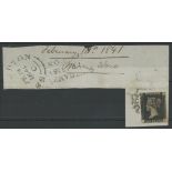 1840 1d black, A-E, used on large piece with black maltese cross, 4 margins.