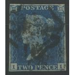 1840 2d blue, I-I, used with black maltese cross, 4 margins, fine.