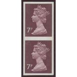 1975 7p purple-brown Two Bands vertical imperforate pair. U/M, fine.