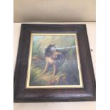 A FRAMED AND GLAZED OIL ON CANVAS SIGNED DUNFIELD DOG CATCHING A RABBIT 47 X 52CM