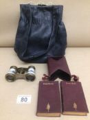 MIXED VINTAGE ITEMS, LEATHER HANDBAG, MOTHER IN PEARL, OPERA GLASSES AND LEATHER BOUND COMMON PRAYER