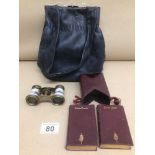 MIXED VINTAGE ITEMS, LEATHER HANDBAG, MOTHER IN PEARL, OPERA GLASSES AND LEATHER BOUND COMMON PRAYER
