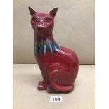 A POOLE POTTERY RED FLAMBE DELPHIS FIGURE OF A CAT 29CM HIGH (EAR CHIPPED)