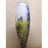 A GALLE STYLED CAMEO GLASS VASE YELLOW WITH BLUE FLOWERS SIGNED GALLE 32CM