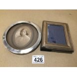 TWO HALLMARKED SILVER PHOTO FRAMES, 13CM DIAMETER, AND 13 X 10CM