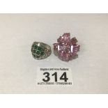 TWO 925 SILVER RINGS WITH PINK AND GREEN GLASS SIZE Q AND T