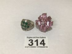 TWO 925 SILVER RINGS WITH PINK AND GREEN GLASS SIZE Q AND T