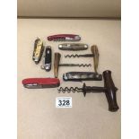 A QUANTITY OF PEN KNIVES AND CORKSCREWS INCLUDES BONE HANDLED AND SWISS