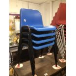 FOUR BLUE PLASTIC SCHOOL STACKABLE CHAIRS