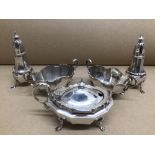 HALLMARKED SILVER FIVE PIECE CONDIMENT SET WITH CAST BORDERS TOTAL WEIGHT 270 GRAMS, EDWARDIAN