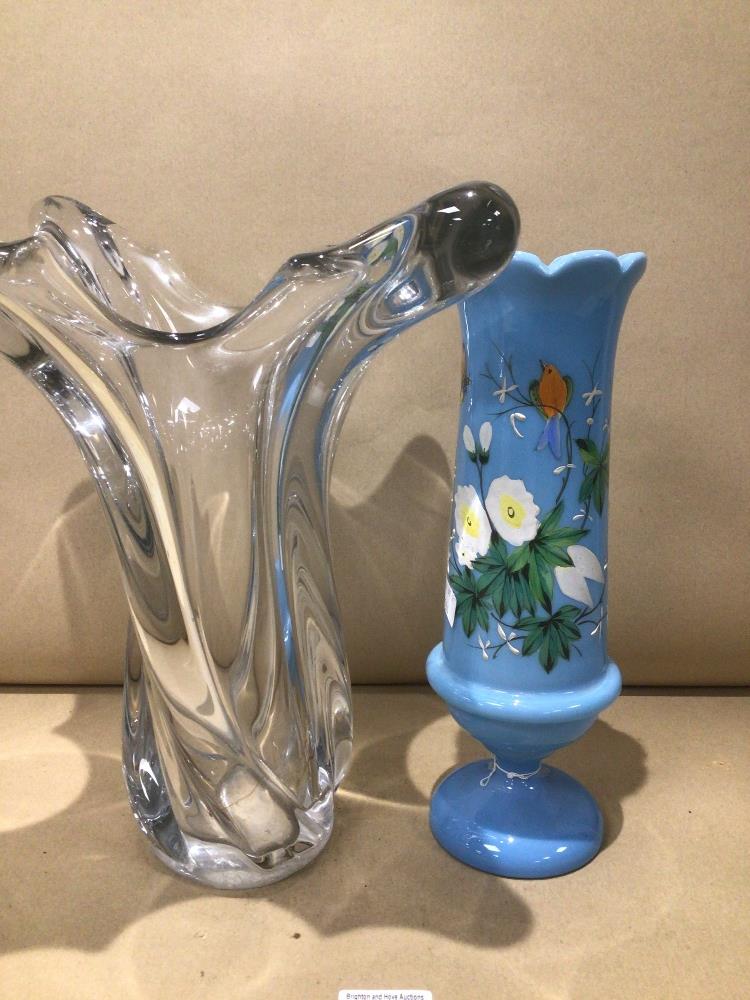TWO LARGE GLASS VASES ONE HANDPAINTED ON BLUE GLASS THE OTHER A/F LARGEST 32CM - Image 2 of 3
