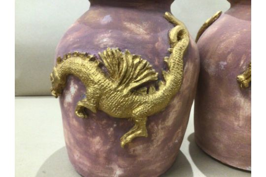 TWO POTTERY VASES WITH EMBOSSED DRAGONS TO THE SIDES 23CM - Image 2 of 4