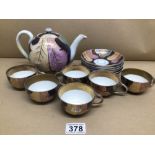 A THIRTEEN PIECE KUZNETSOV DULEVO 1891-1917 RUSSIAN TEA SET SOME WEAR TO GILDING IN A LUSTRE GLAZE