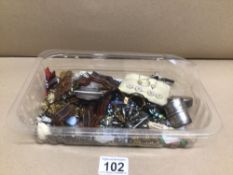 MIXED BOX OF COSTUME JEWELLERY, METAL ITEMS AND BONE