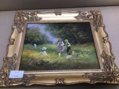 A FRAMED OIL ON CANVAS BY TED DYER (THREE CHILDREN IN A FIELD) 34 X 29CM