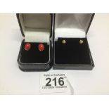 TWO PAIRS OF EARRINGS ONE MARKED 585 WITH CORAL AND ONE MARKED 375 GOLD
