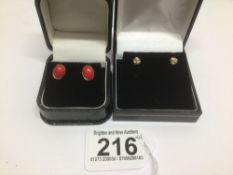 TWO PAIRS OF EARRINGS ONE MARKED 585 WITH CORAL AND ONE MARKED 375 GOLD