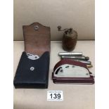 MIXED BOX OF ITEMS, CASED HANDCUFFS, VINTAGE PEPPER GRINDER AND BOXED GARRARD STYLUS PRESSURE GAUGE,