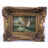AN ORNATE FRAMED OIL ON BOARD OF A SEASCAPE BY A HESS 17 X 12CM