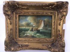 AN ORNATE FRAMED OIL ON BOARD OF A SEASCAPE BY A HESS 17 X 12CM