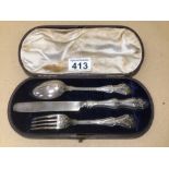 A VICTORIAN PERIOD HALLMARKED SILVER THREE PIECE CHRISTENING CASED SET