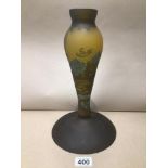 A GALLE STYLED CAMEO YELLOW GLASS VASE/LIGHT SIGNED GALLE 33CM
