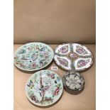 FOUR PIECES OF CHINESE PORCELAIN, FAMILLE ROSE PLATES AND MORE A/F