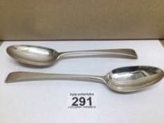 TWO GEORGE II HALLMARKED SILVER TABLESPOONS BY WILLIAM SUMNER AND RICHARD CROSSLEY/THOMAS TOOKEY