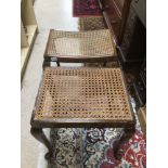 TWO VINTAGE MAHOGANY STOOLS WITH WICKER SEATING ON CABRIOLE LEGS