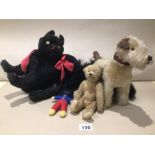 A SMALL COLLECTION OF VINTAGE SOFT TOYS/ANIMALS. THE DOG IS LABELED "MERRYTHOUGHT HYGIENIC TOYS"