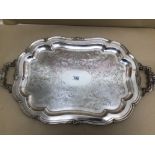 A LARGE SILVER PLATED SERVING PLATTER TRAY BY HEIRLOOM HIGHLY ENGRAVED 78 X 46CM