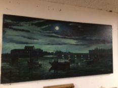 AN UNFRAMED OIL ON CANVAS OF A HARBOUR SCENE BY E FROST 106 X 56CM