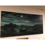 AN UNFRAMED OIL ON CANVAS OF A HARBOUR SCENE BY E FROST 106 X 56CM