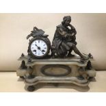 A 19TH CENTURY SPELTER AND ALABASTER MANTEL CLOCK A/F