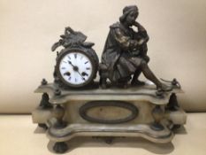 A 19TH CENTURY SPELTER AND ALABASTER MANTEL CLOCK A/F