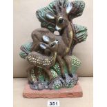 A LARGE POTTERY FIGURE OF DEERS BY THOMAS HELLSTORM FOR NITTSJO KELMIR SWEDEN 33CM