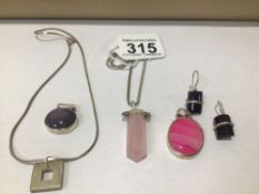 TWO SILVER 925 NECKLACES WITH PENDANTS, TWO SILVER PENDANTS AND A PAIR OF EARRINGS ALL WITH SEMI-