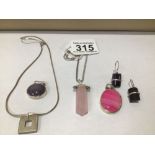 TWO SILVER 925 NECKLACES WITH PENDANTS, TWO SILVER PENDANTS AND A PAIR OF EARRINGS ALL WITH SEMI-